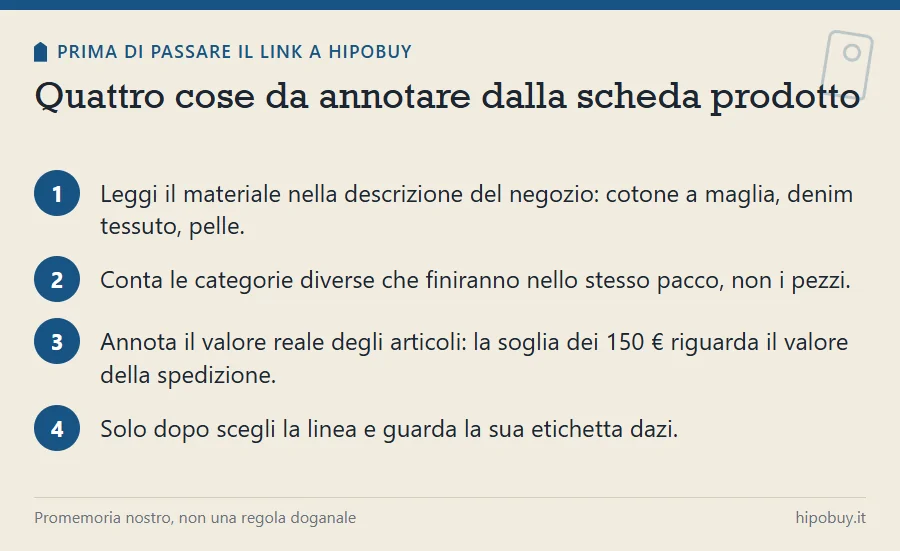 Quattro passi numerati: materiale, numero di categorie, valore reale, poi scelta della linea e della sua etichetta