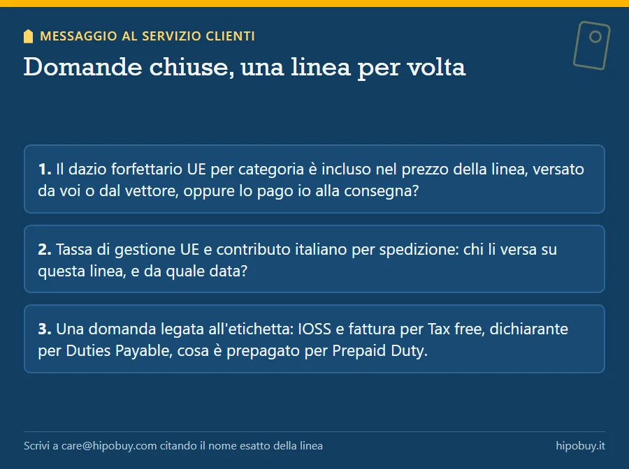 Tre domande numerate per il servizio clienti: dazio UE nel prezzo o alla consegna, chi versa tassa di gestione e contributo, domanda legata all'etichetta
