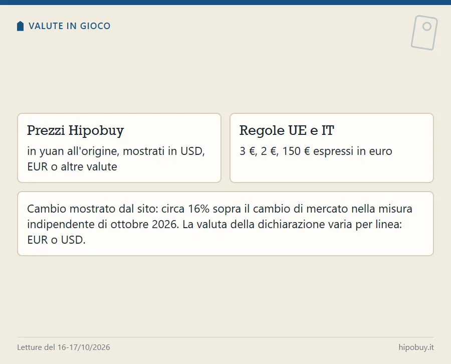 Riquadri sulle valute: prezzi Hipobuy in yuan mostrati in dollari o euro, regole UE e italiane in euro, cambio del sito circa 16 per cento sopra il mercato, valuta di dichiarazione EUR o USD per linea