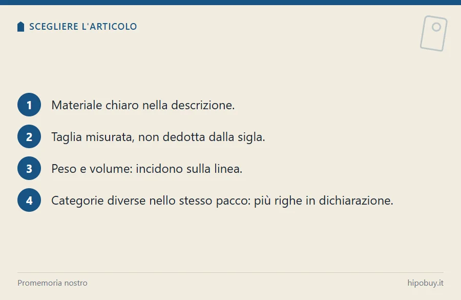 Quattro passi numerati: materiale chiaro, taglia misurata, peso e volume, numero di categorie nello stesso pacco