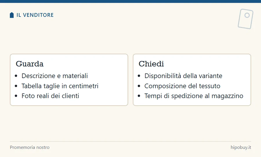 Due riquadri: cosa guardare nella scheda del venditore, descrizione, taglie in centimetri, foto dei clienti, e cosa chiedere, disponibilità, composizione, tempi