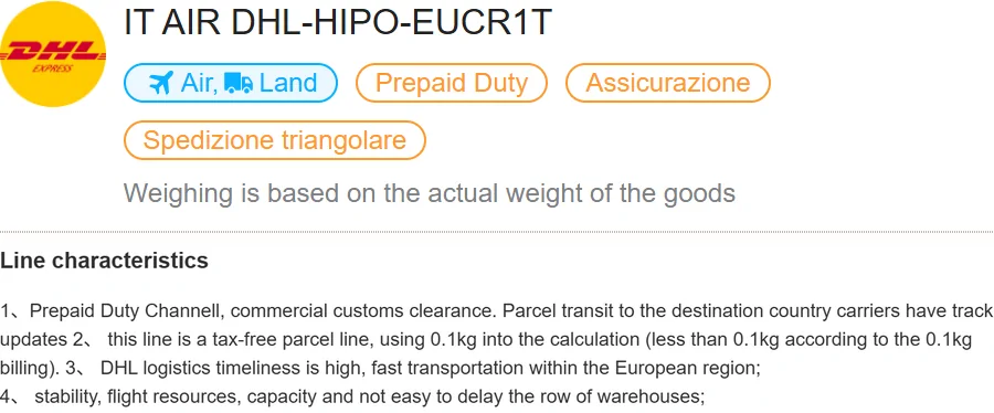 Scheda IT AIR DHL-HIPO-EUCR1T con etichetta Prepaid Duty e l'inizio della descrizione che dice Prepaid Duty Channell e tax-free parcel line