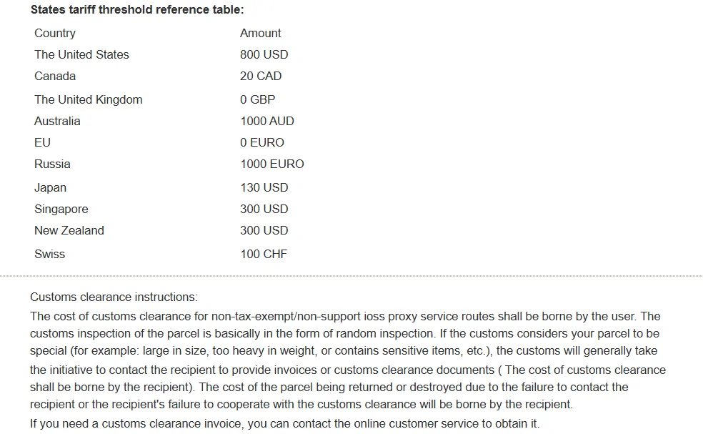 Ritaglio della pagina Hipobuy sulle soglie per Paese con la riga EU 0 EURO e, sotto, il paragrafo Customs clearance instructions sulle linee non-tax-exempt e senza IOSS