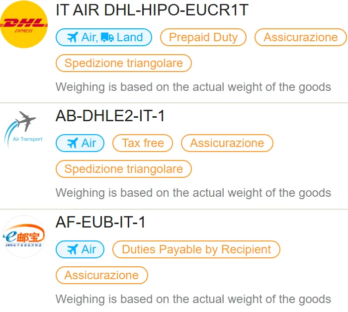 Tre schede dello stimatore Hipobuy in italiano: IT AIR DHL-HIPO-EUCR1T con Prepaid Duty, AB-DHLE2-IT-1 con Tax free, AF-EUB-IT-1 con Duties Payable by Recipient
