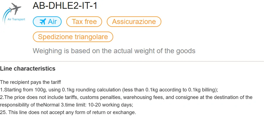 Scheda AB-DHLE2-IT-1 con etichetta Tax free e, sotto, la descrizione che comincia con The recipient pays the tariff