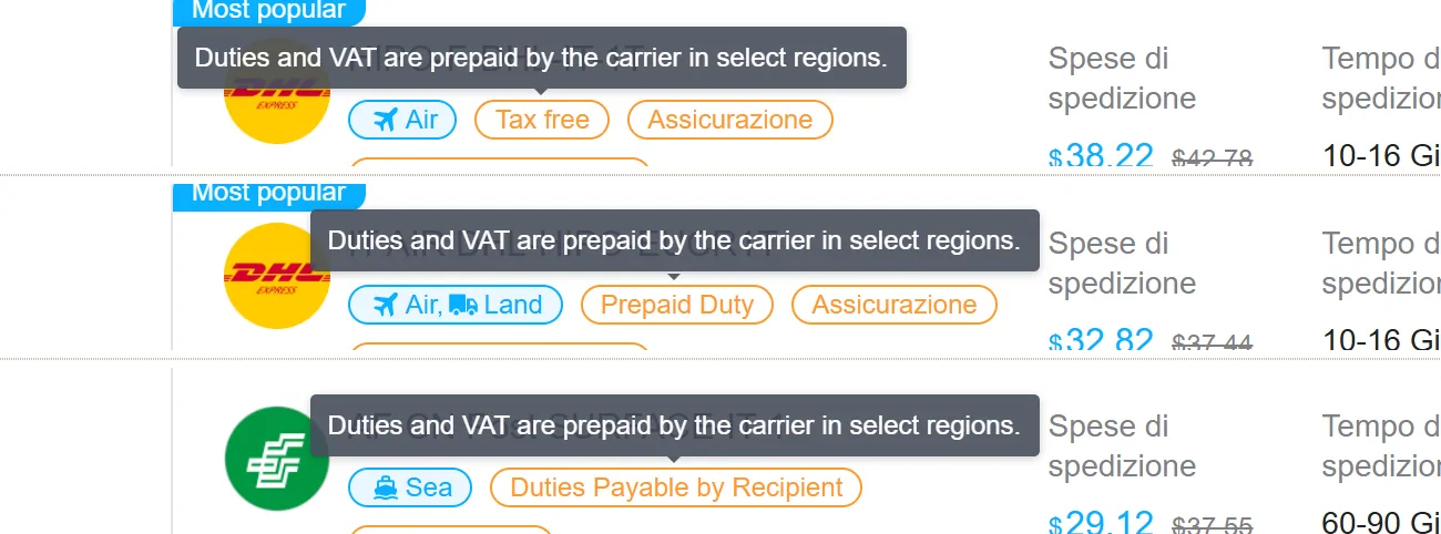 Tre ritagli dello stimatore con il riquadro Duties and VAT are prepaid by the carrier in select regions sopra le etichette Tax free, Prepaid Duty e Duties Payable by Recipient