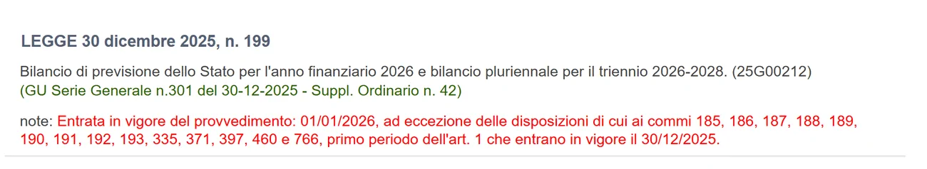 Intestazione della legge 30 dicembre 2025 numero 199 sulla Gazzetta Ufficiale, Serie Generale numero 301, supplemento ordinario numero 42