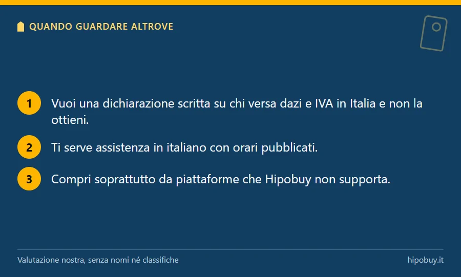 Tre situazioni numerate in cui conviene valutare un altro agente: risposta scritta sui dazi assente, assistenza in italiano, piattaforme non supportate