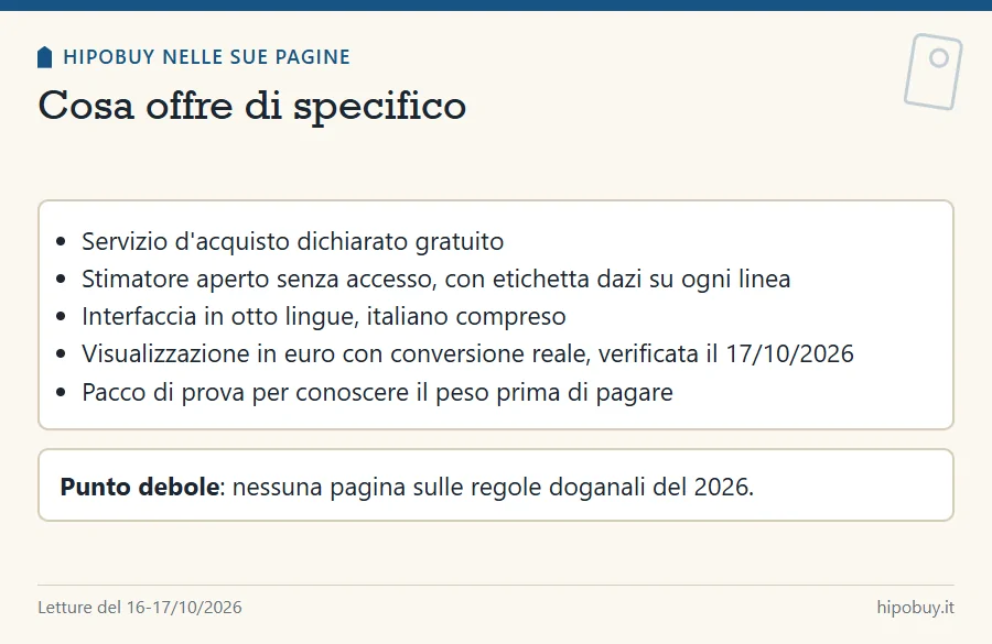 Elenco di cinque caratteristiche di Hipobuy, servizio gratuito, stimatore aperto, otto lingue, euro convertiti, pacco di prova, e un riquadro sul punto debole
