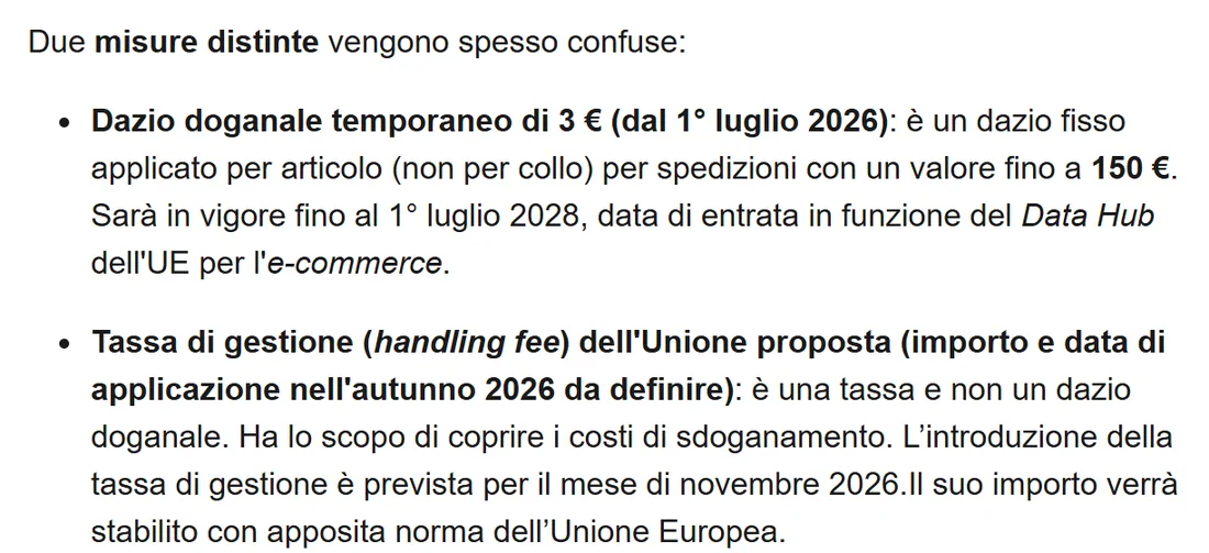 Ritaglio della pagina ADM: due misure distinte, dazio doganale temporaneo di 3 euro dal primo luglio 2026 e tassa di gestione dell'Unione con importo e data da definire