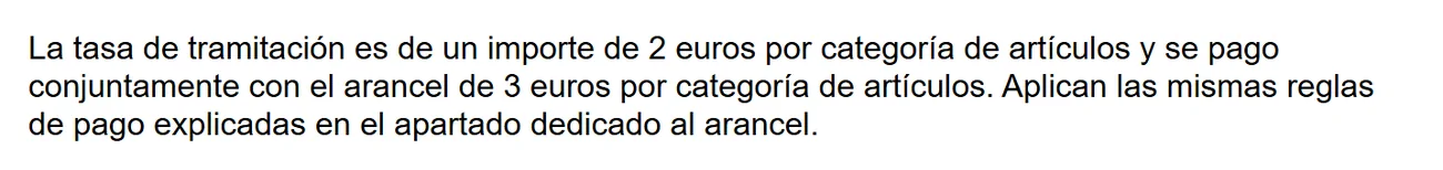 Ritaglio della pagina dell'Agenzia tributaria spagnola: la tasa de tramitación es de un importe de 2 euros por categoría de artículos