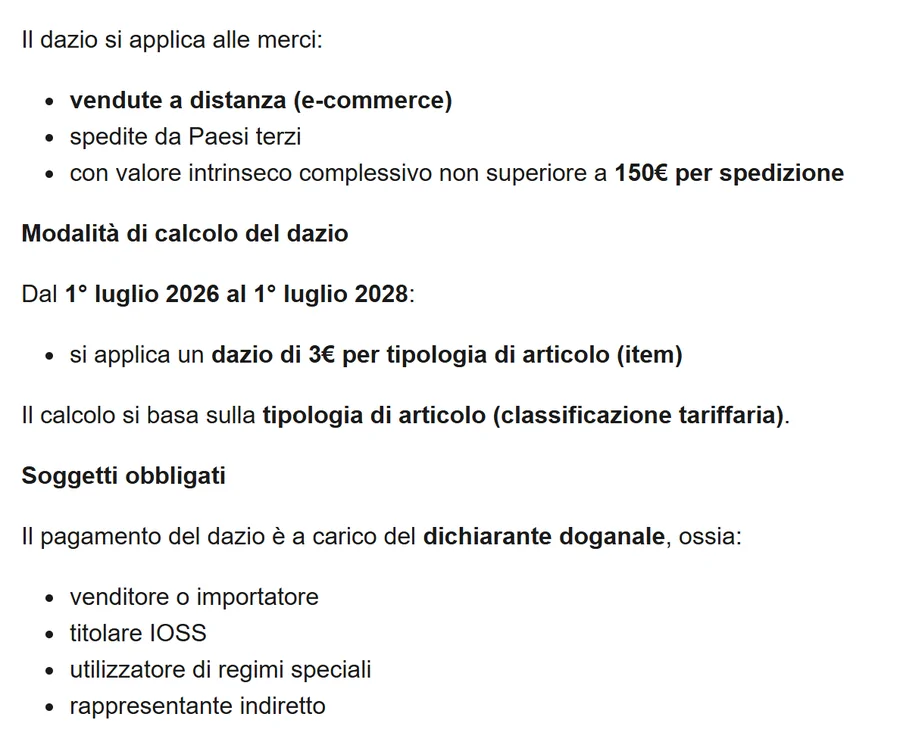 Ritaglio della pagina ADM con ambito di applicazione e modalità di calcolo del dazio: tre euro per tipologia di articolo dal primo luglio 2026 al primo luglio 2028